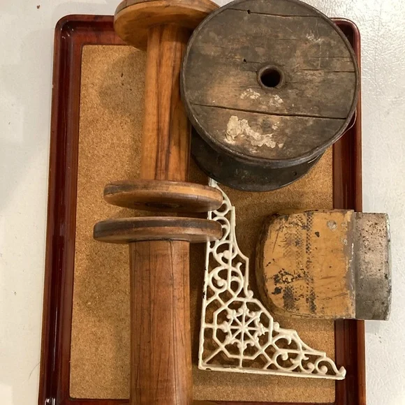 Lot/5 Architectural Wood & Metal Tools Spools & Wire Spool W/Wire & Wall Bracket